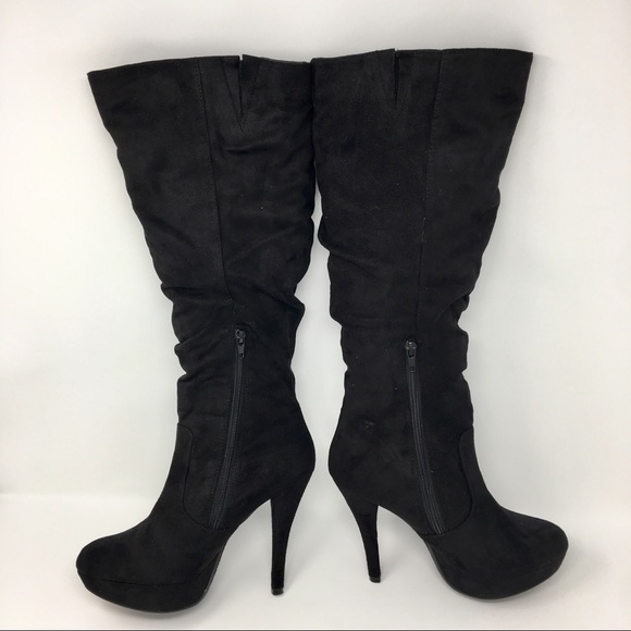 Shoes - Women’s Black Suede High Heeled Round Toe Boots